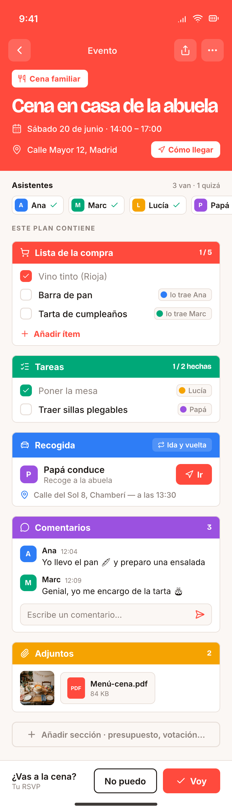 Ficha de un evento en Releva mostrando sus módulos apilados: lista, tareas, recogida, chat y adjuntos.